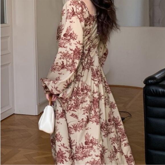 Dazy Burgundy and Cream Toile Dress with Ballon Sleeves Bustier Top Basque Waist - Picture 3 of 12